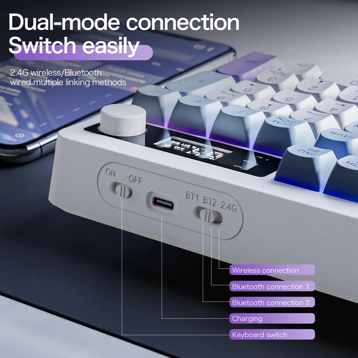 Xunfox TK100 Bluetooth Wireless Dual-Mode Keyboard Desktop Laptop Office E-Sports Gaming RGB Light Effect Charging Robot Feel