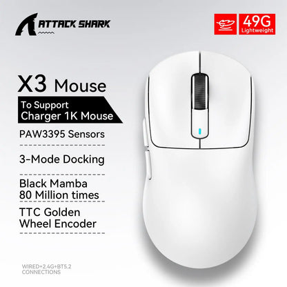 X3 Gaming Mouse Wireless ATTACK SHARK, punainen, 4K-palautusnopeus, Bluetooth Tri-Mode -yhteys, PAW3395, makroilla varustettu Bluetooth-pelihiiri