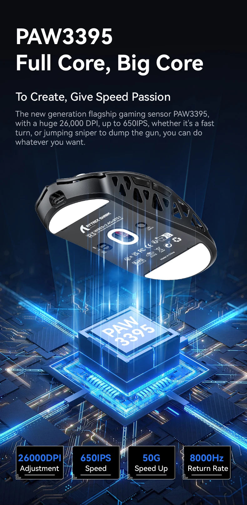 Gaming miška ATTACK SHARK R3 iz magnezijeve zlitine s satasto strukturo, izjemno lahka, 8K Hz, senzor PAW3395, 26000 DPI, ergonomska zasnova
