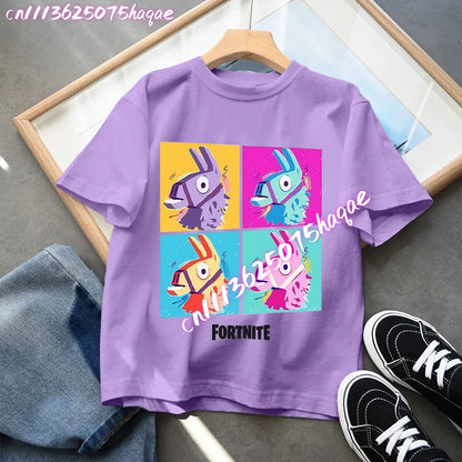 T-shirts Fortnite para Criança com Figuras Anime Estampadas, Tops de Desenho Animado Fortress Night, Roupa de Verão para Meninas, Manga Curta, Pullover Tees