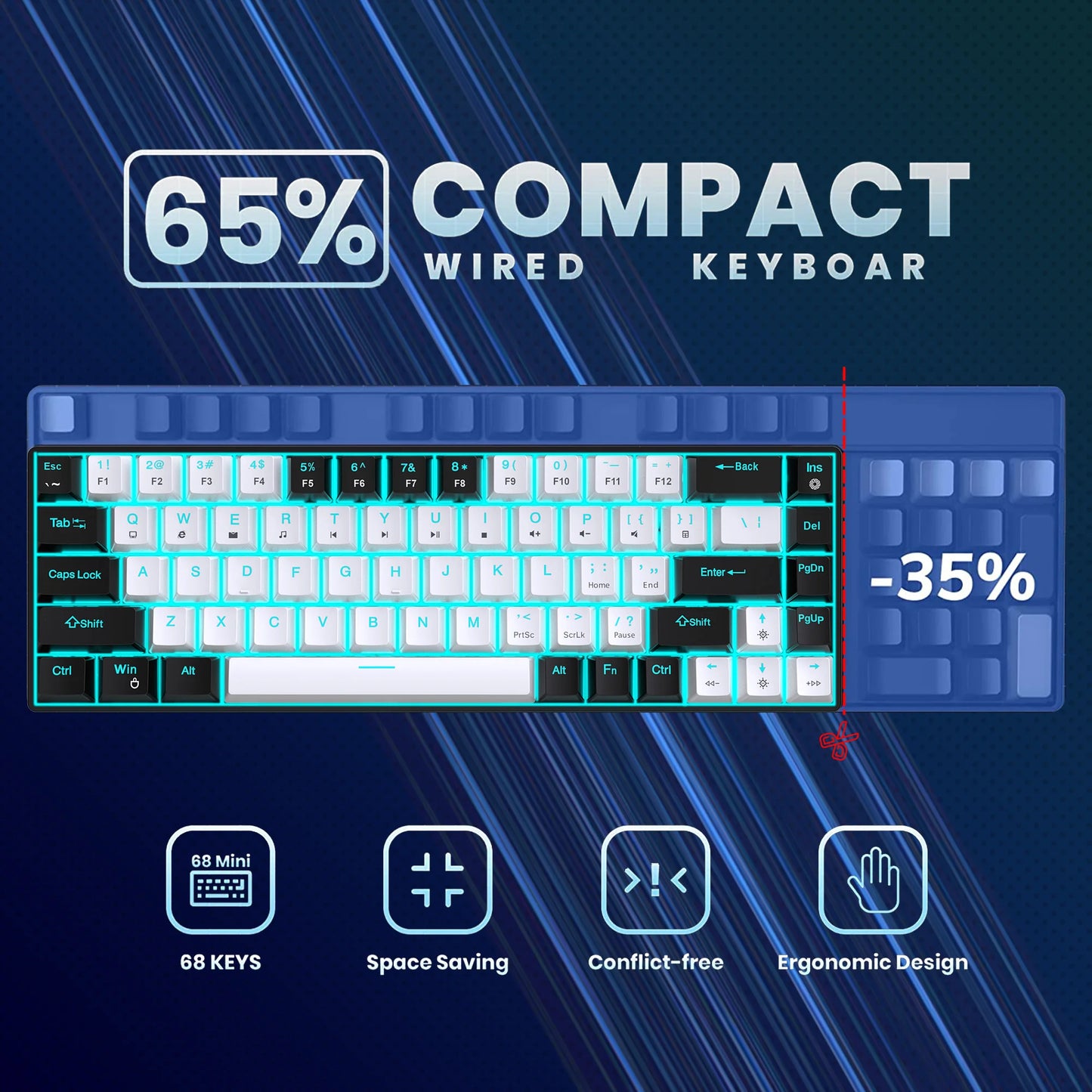 Hot sale HXSJ V800 68 key wired keyboard Hot swappable switch ergonomic ice blue backlight durability gaming mechanical keyboard