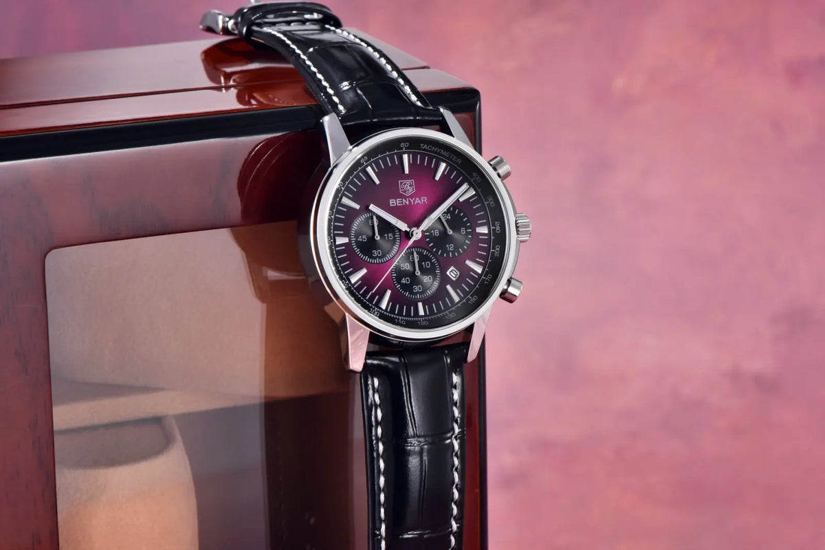 Montre de luxe pour homme Benyar – Chronographe avec date, bracelet en cuir, étanche, luminescente, style sportif et militaire, montre à quartz