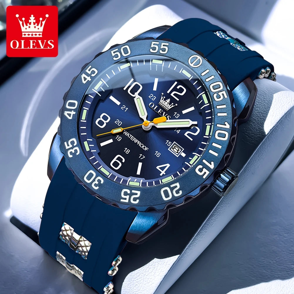 OLEVS Luxe herenhorloge met kwartsmechanisme, waterdicht, lichtgevend oranje siliconen band, sportieve herenhorloges in militaire stijl
