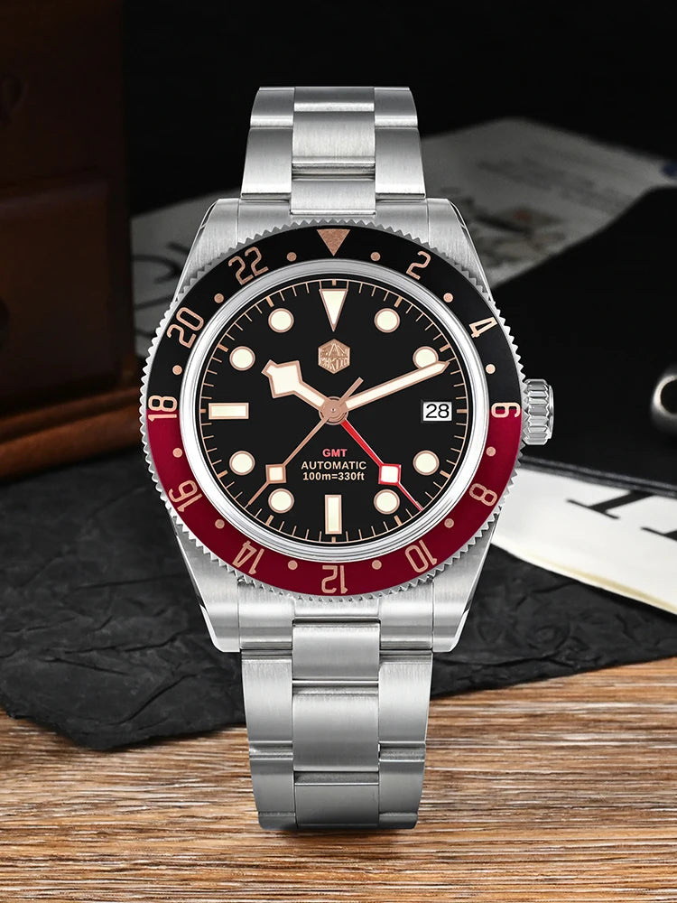 San Martin 39mm NH34 GMT Men's Luxury Watch Bidirectional Aluminum Bezel Automatic Mechanical Sapphire 100M Waterproof SN0109