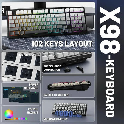 X98 Attack Shark Gaming Keyboard Wireless with Numeric Keypad, 102 Keys Hot-Swap RGB PBT Keycaps, 4000mAh Battery, Support PC/Laptop