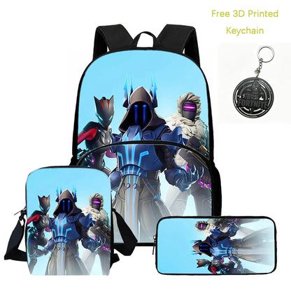 FORTNITE 3Pcs Lightweight Backpack With Front Pocket,Crossbody Bag&Pencil Case For Age 5-9 Boys Girls,Free 3D Printed Keychain.