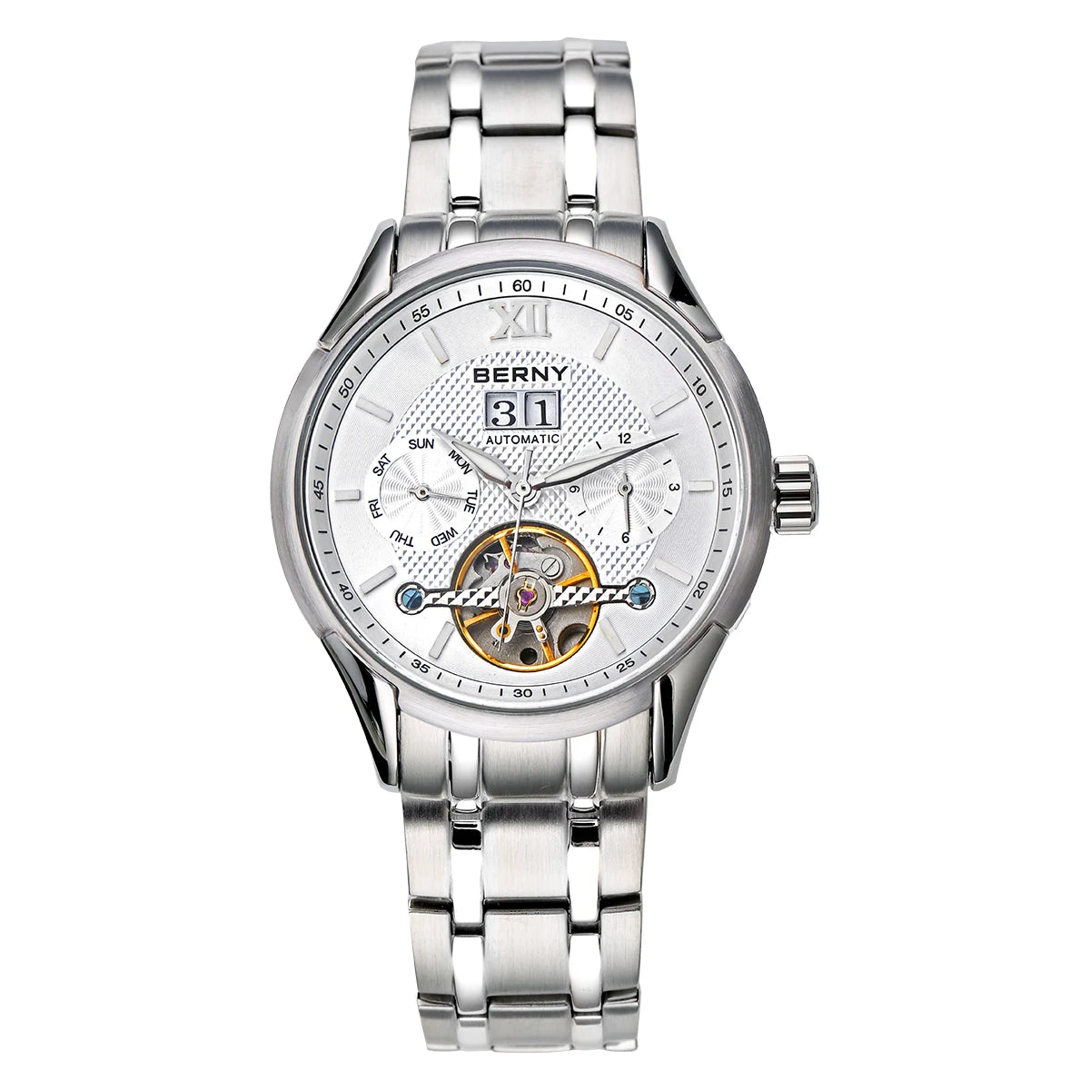 BERNY Automatic Watch for Men Auto Self-wind Mechanical Watches Date Skeleton 5ATM Luxury Male Wristwatches