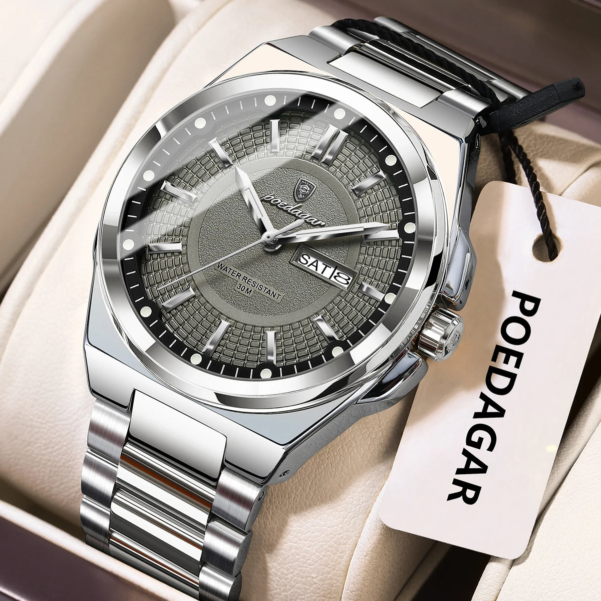 Montre-bracelet de luxe POEDAGAR Sport Original pour homme, à quartz, avec date et jour de semaine, étanche et lumineuse, en acier inoxydable.