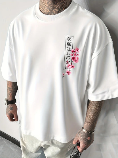 Japanese Cherry Blossom Print 100% Cotton Men Woment T-shirt Summer Autumn Daily Outdoor Sports Casual Loose Street Short-sleeve