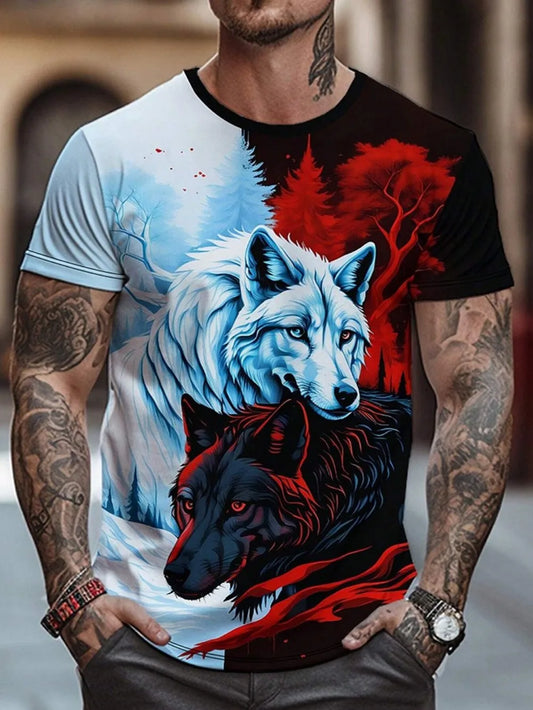 Modieus zomers heren-T-shirt met dominant wolvenprintpatroon, ademend, ronde hals, voor buiten, high street, casual top
