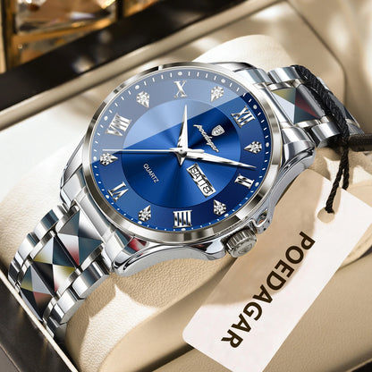 POEDAGAR herenhorloge, origineel luxemodel, waterdicht, verlicht, met datum- en dagweergave, elegante stijl, roestvrijstalen kast, quartz uurwerk, ideaal voor op het werk.