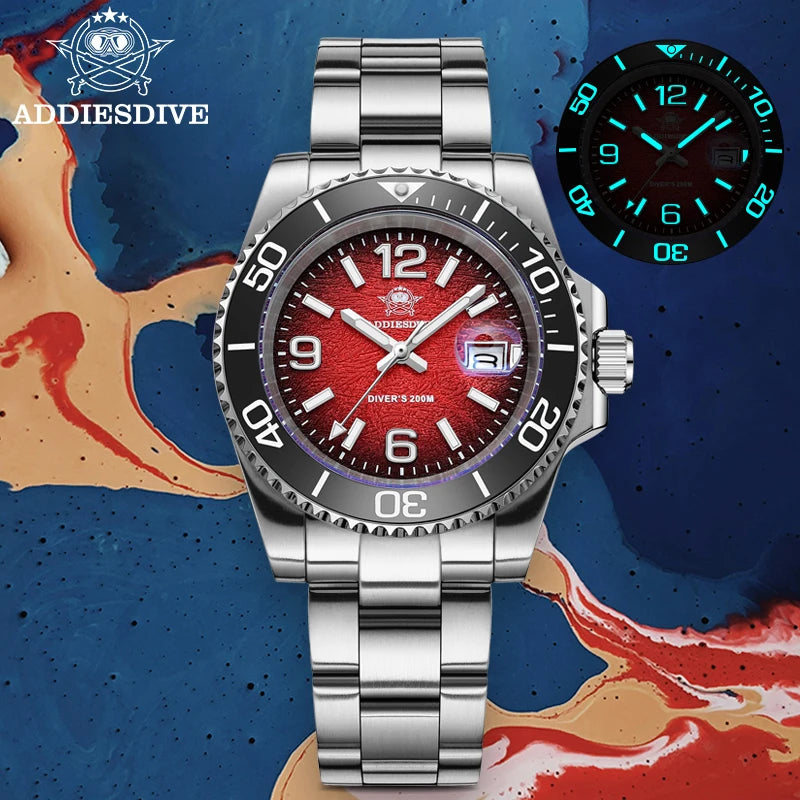 ADDIESDIVE 48mm Diver Watch Fashion Gradient Color Rotatable Bezel Quartz Watches Luminous 200m Waterproof Stainless Men's Watch