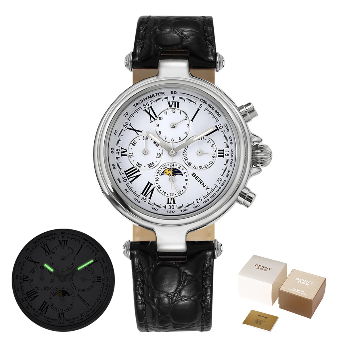 Montre automatique pour homme BERNY, style rétro, avec affichage Soleil et Lune, aiguilles luminescentes et mouvement ST1652 ; une montre mécanique classique et élégante, dotée d'un bracelet en cuir véritable.