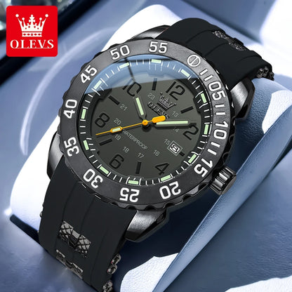 OLEVS Luxe herenhorloge met kwartsmechanisme, waterdicht, lichtgevend oranje siliconen band, sportieve herenhorloges in militaire stijl