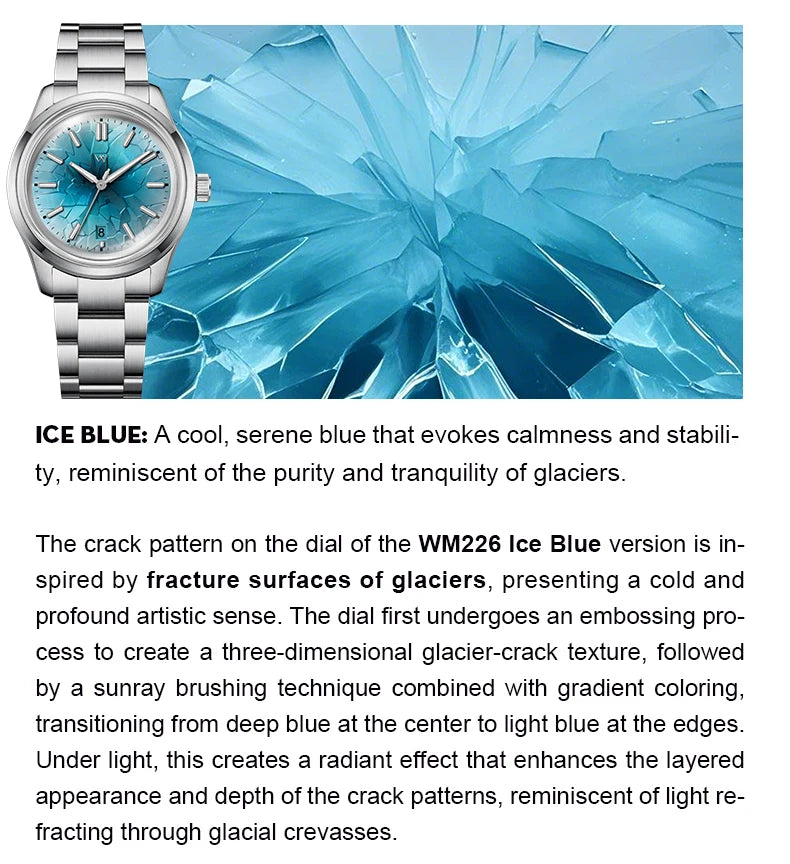 WM Watch Automatic Mechanical Watch NH35 Glacier Series 100M Waterproof AR Coated Sapphire Welly Merck Watch for Men WM226