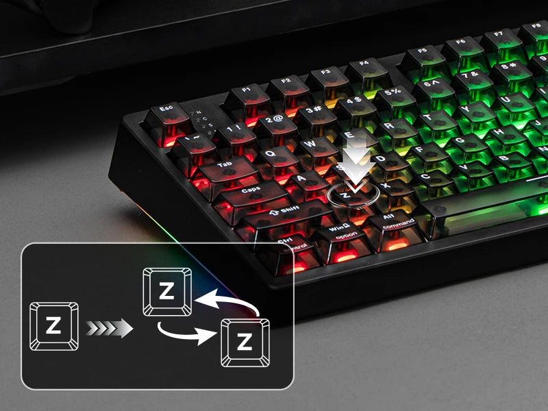 EPOMAKER HE108 100 % ANSI US QWERTY -asettelulla varustettu langallinen/BT/2,4 GHz langaton Hall-efektipohjainen mekaaninen näppäimistö, jossa on SOCD/DKS- ja Rapid Trigger -ominaisuudet