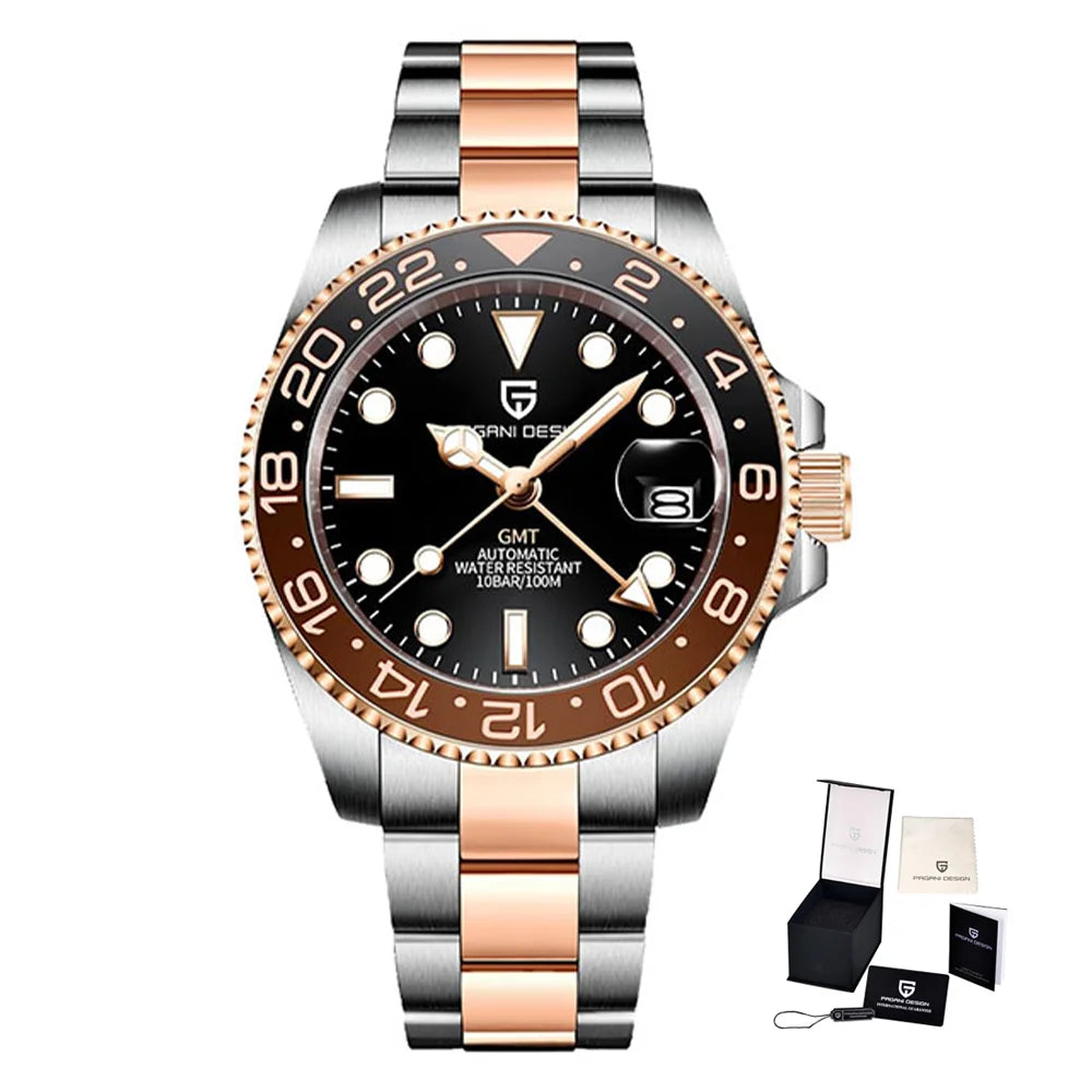 Relógio mecânico para homem Pagani Design GMT – Modelo de luxo com vidro de safira, caixa em aço inoxidável e luneta em cerâmica – Relógio automático para homem, estilo profissional