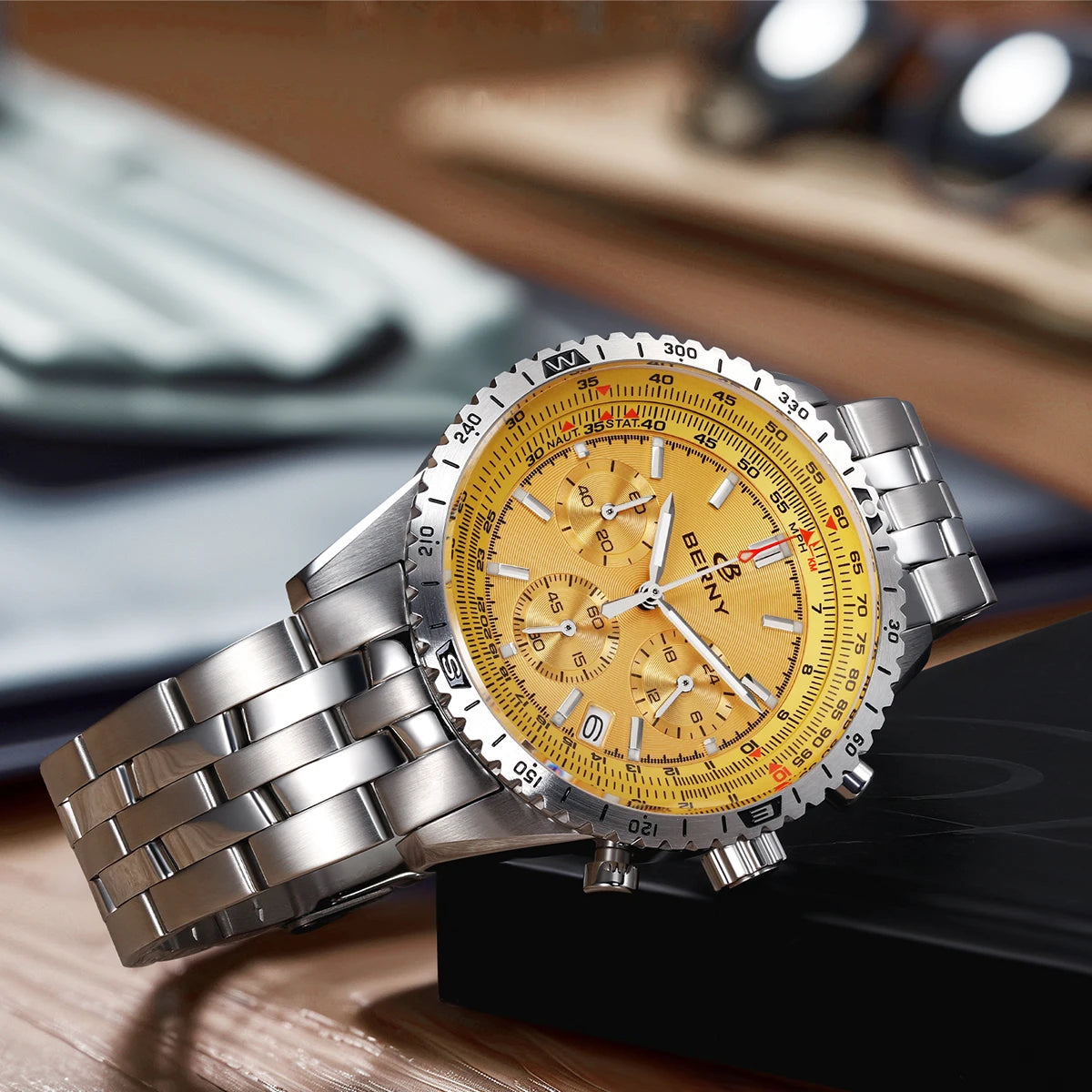 Pánské hodinky BERNY Aviation – křemenný chronograf s datem, safírovým sklem a ultraluminiscenční vrstvou – elegantní hodinky luxusní značky