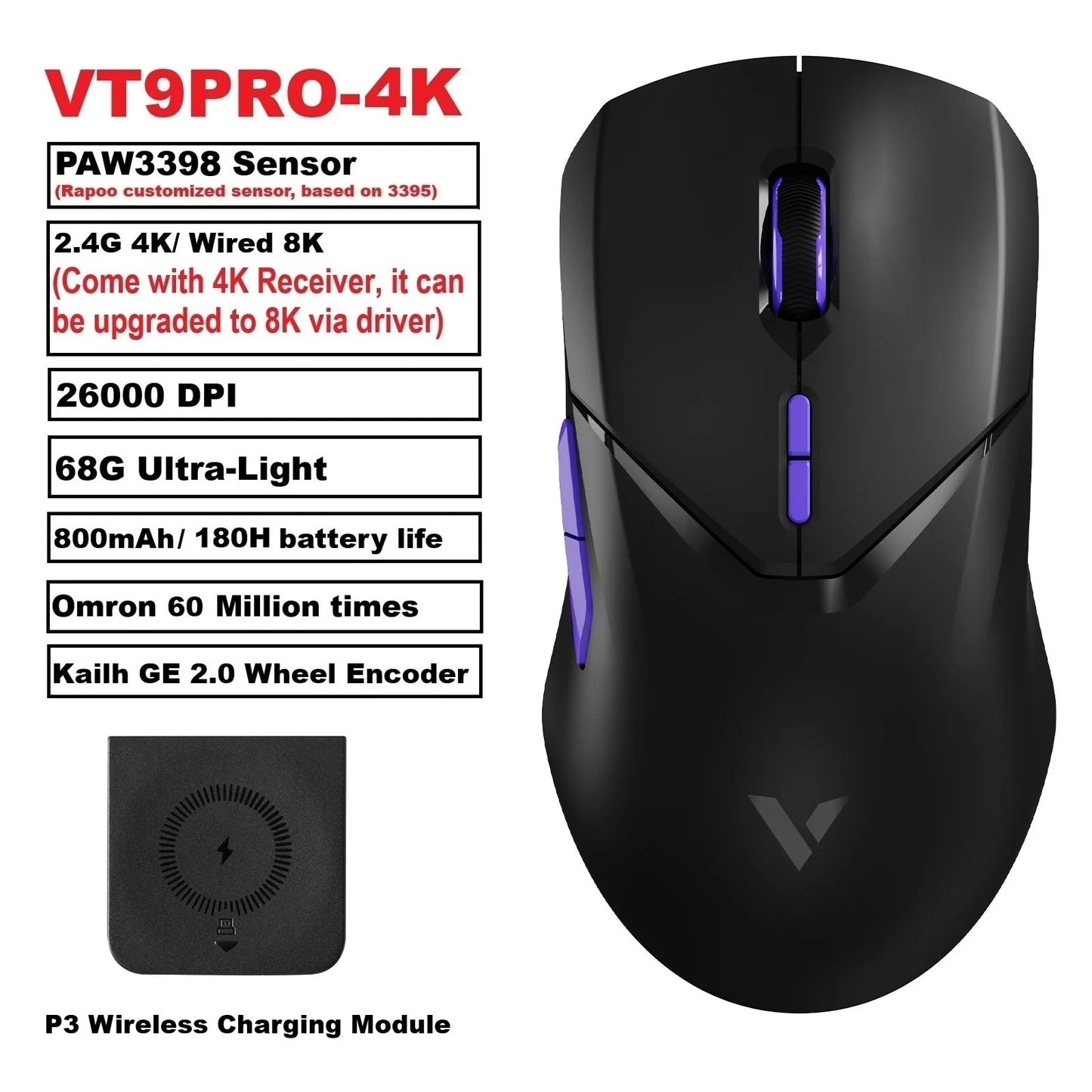 Rapoo VT9PRO PAW3398 Wireless Gaming Mouse 68g Wired Programmable Ergonomic Mice 26000DPI Type C Rechargeable PC Gamer Accessory