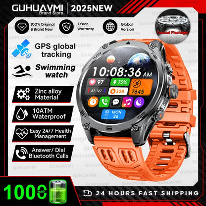 2026 New Military GPS Smart Watch 1000Mah Battery Compass IP68 Waterproof Tactics Sport Flashlight BT Call Smart Watch For Men