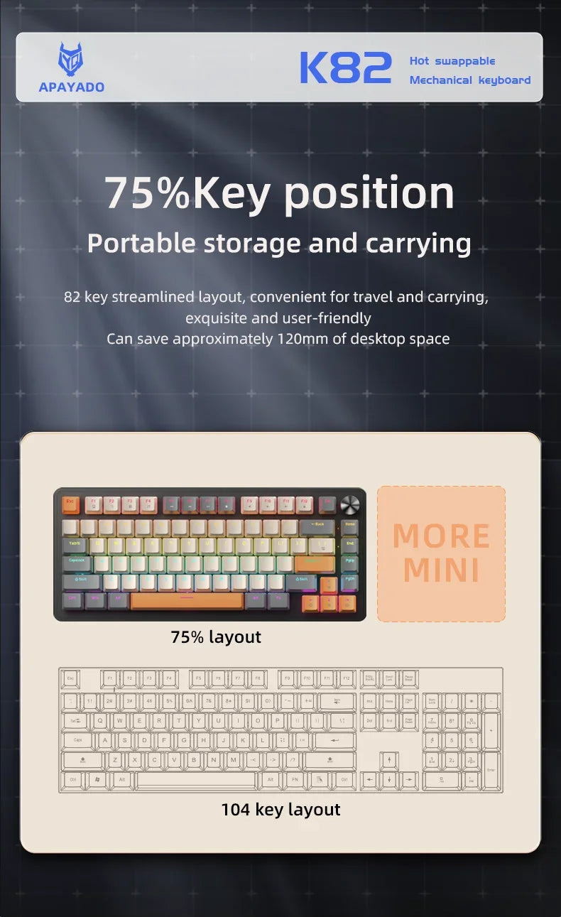 75% Mechanical Keyboard Wired with Media Knob APAYADO Black Gaming Keyboard Hot-Swap ABS Cap Transparent Character Backlighting