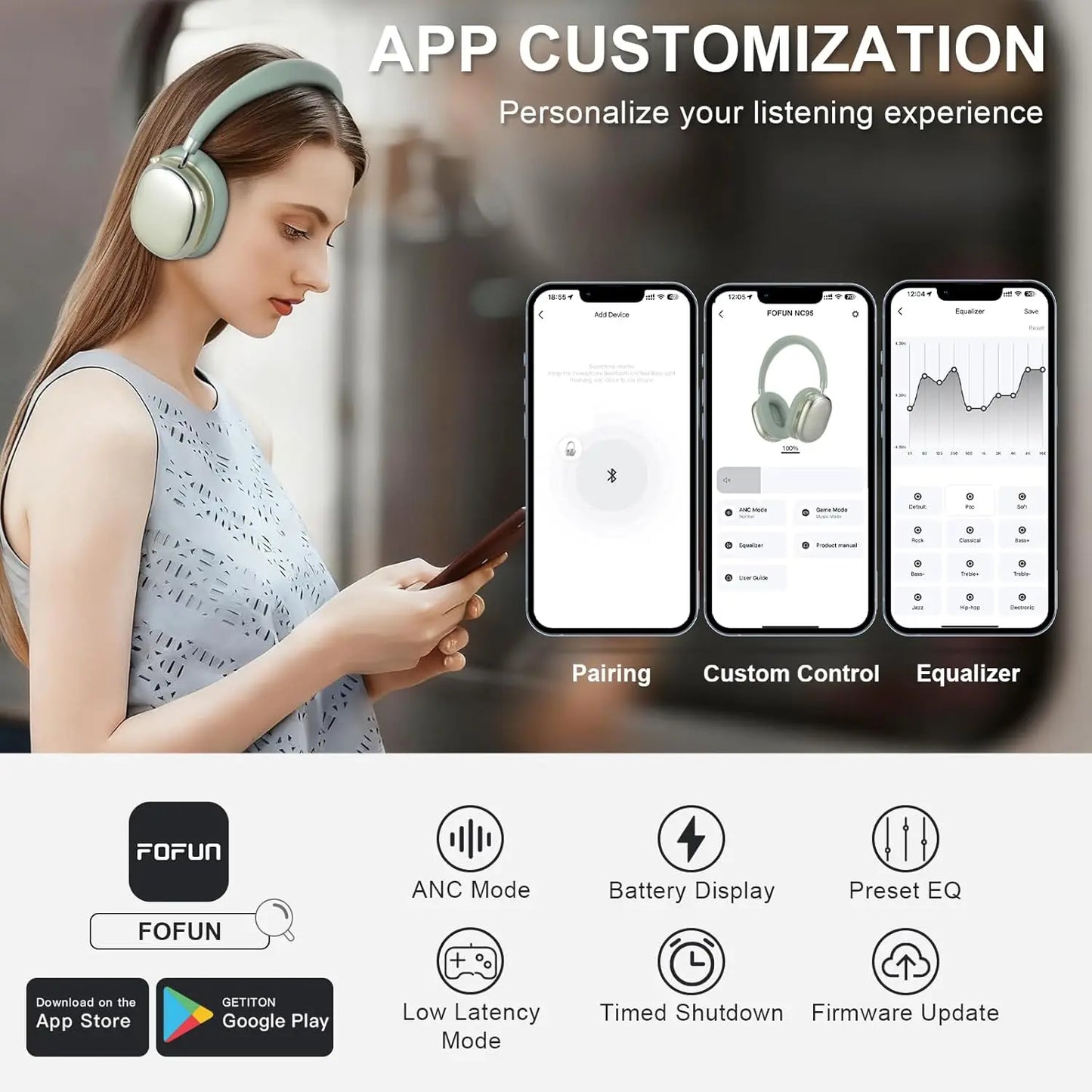 NC95 Hybrid Active Noise Cancelling Headphones Wireless Bluetooth 6.0 Over Ear Headphones with 65H Playtime, Hi-Res Audio, Knob Control