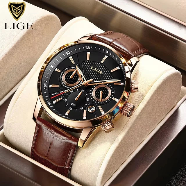 2025 New Men's Watches LIGE Top Brand Luxury Leather Casual Quartz Watch Men's Sport Waterproof Clock Watch Relogio Masculino+Box