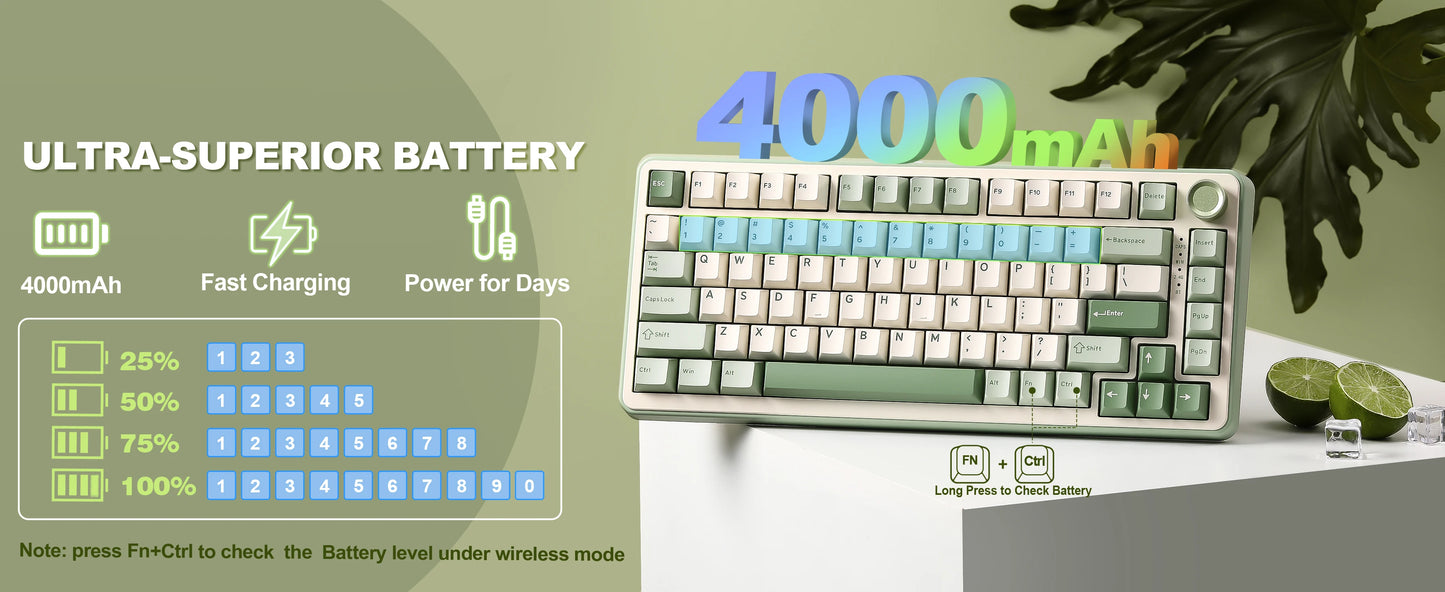 YUNZII B75 PRO Green Mechanical Gaming Keyboard, Gasket 75 Knob RGB Keyboard, BT/Wired/Wireless Hot-Swap Custom Creamy Keyboard