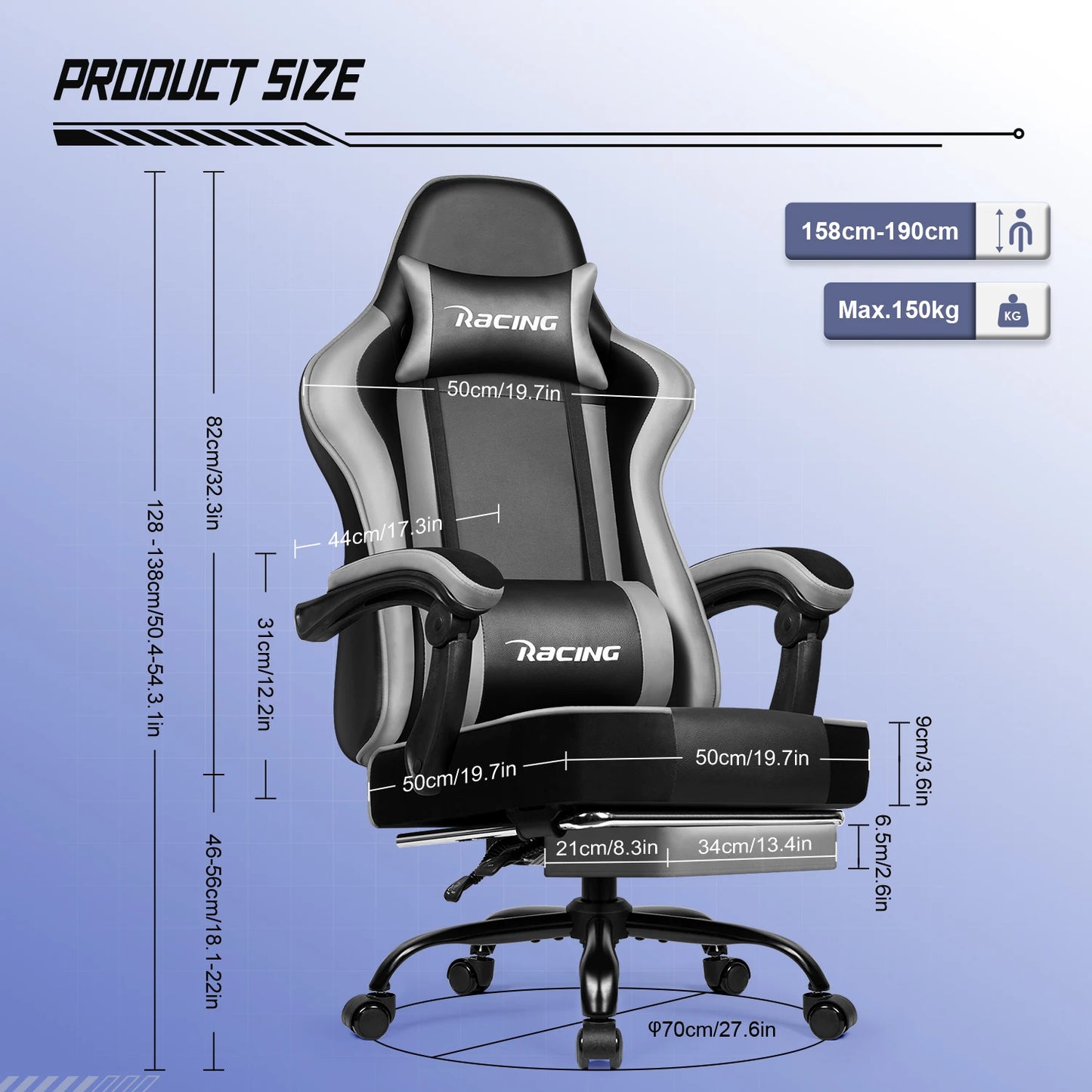 Daccormax Ergonomic Gaming Chair with Footrest, 170° Reclining PU Leather Racing Chair with Lumbar Support, Headrest & Office Comfort