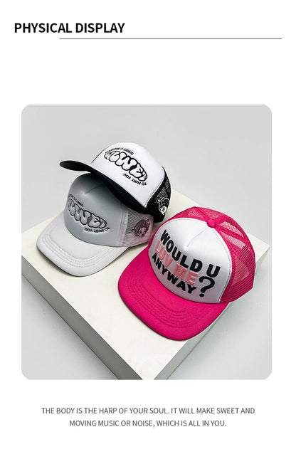 Gorras de béisbol unisex con bloques de color, letras estampadas y bordadas, estilo hip hop, de malla transpirable, con visera para el sol, gorras de camionero urbanas y versátiles