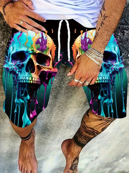 Pantalones cortos de playa para hombre con estampado de calaveras, pantalones cortos de surf con diseño gráfico 3D, para vacaciones, moda urbana, verano, estilo informal y psicodélico.