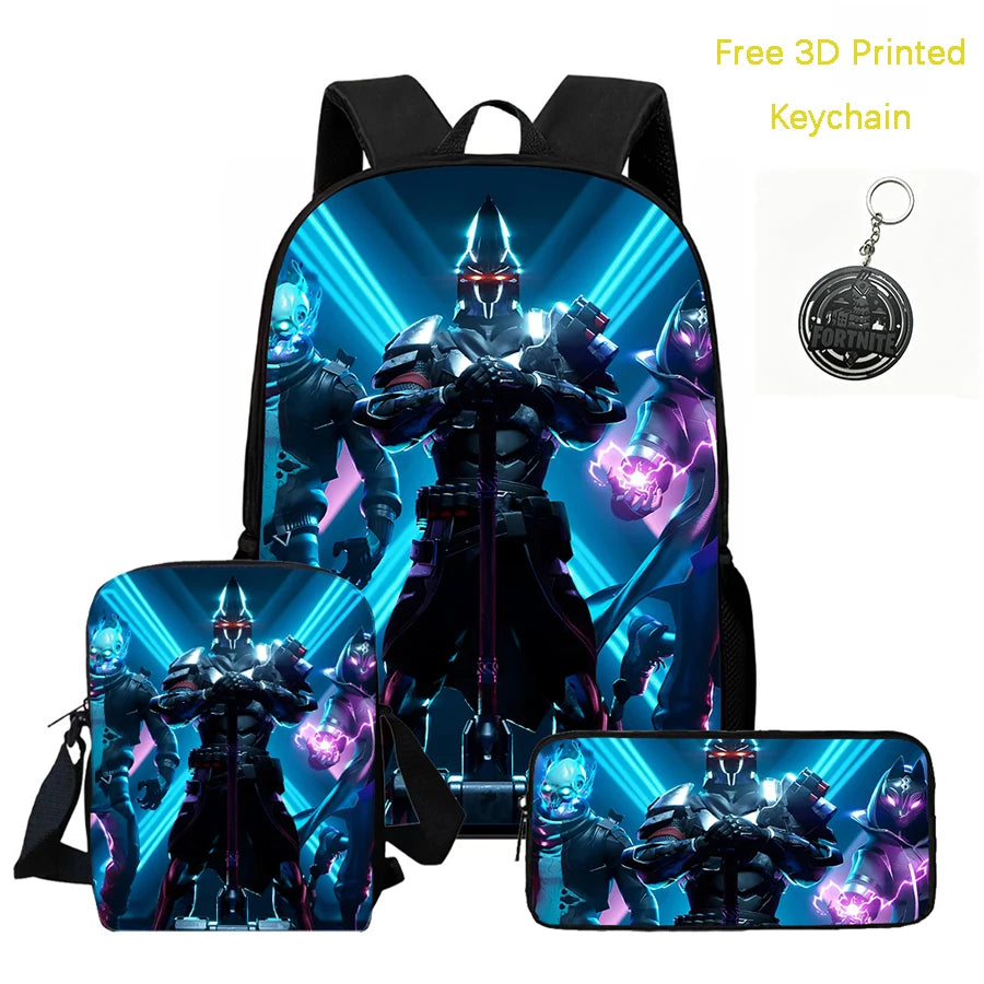 3Pcs Kids Backpack Set, Crossbody & Pencil Bag, FORTNITE Cartoon Bag, Lightweight for Boys Girls 5-10, Free 3D Printed Keychain