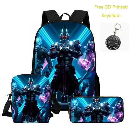 3Pcs Kids Backpack Set, Crossbody & Pencil Bag, FORTNITE Cartoon Bag, Lightweight for Boys Girls 5-10, Free 3D Printed Keychain