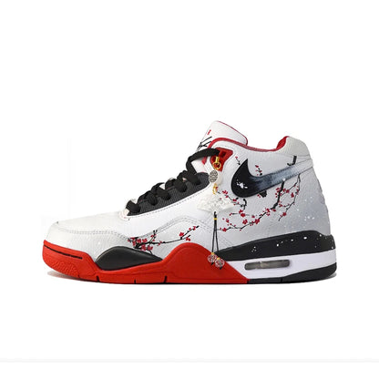 Räätälöidyt Nike Flight Legacy Plum Blossom -lenkkarit, lumivalkoiset, kiinalaistyyliset retro-koripallokengät, keskikorkeat, riipuksella, miehille