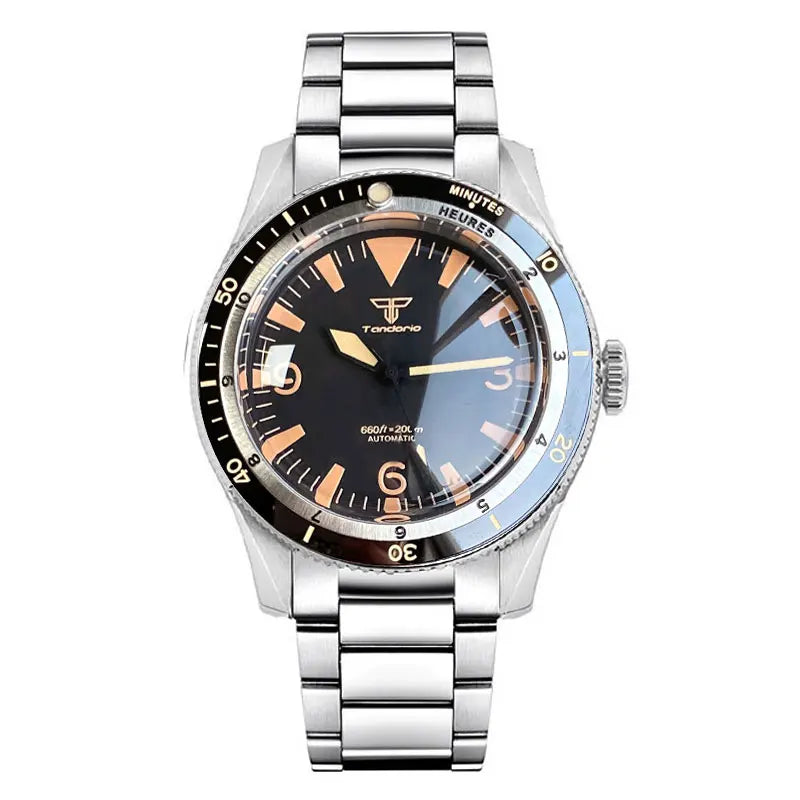 Tandorio NH35A PT5000 Mechanical Men's Watch 20BAR Waterproof Sapphire Luminous Red Black Dial Stainless Steel Bracelet New Clock