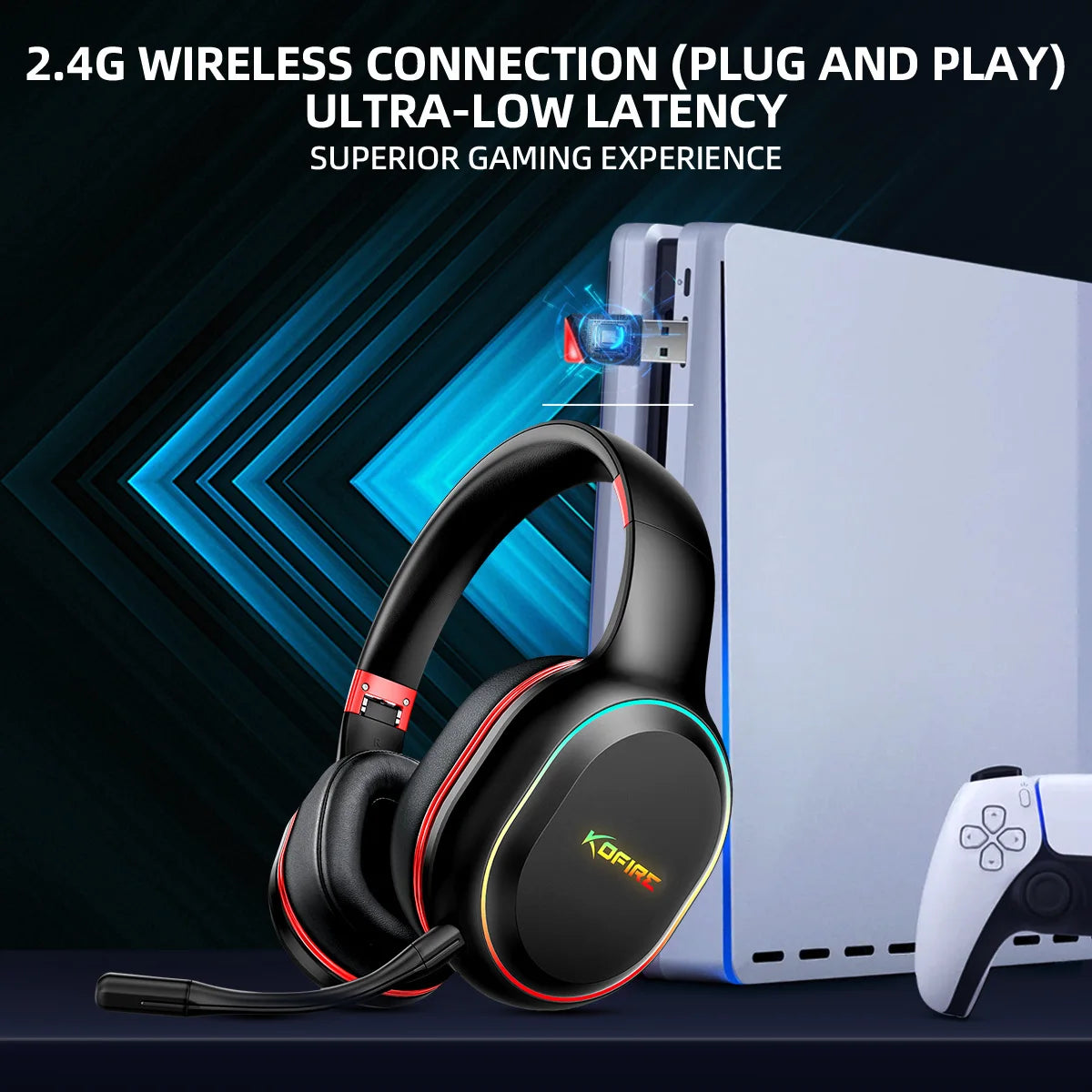 Kofire UG-05 Wireless Gaming Headset with Mic, RGB Lights, 2.4G Bluetooth 5.0 Gaming Headphones for PS5 PS4 PC Switch