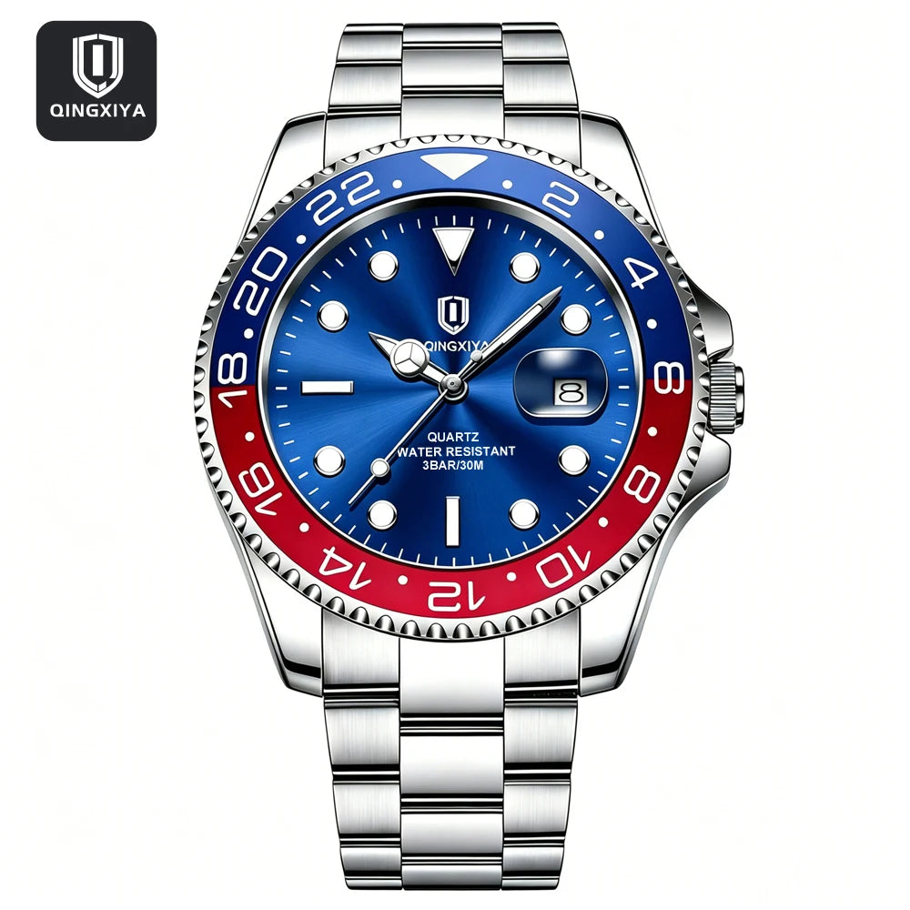 QINGXIYA Luxe herenhorloges met kwartsmechanisme, roestvrij staal, waterdicht, verlicht, datumweergave, herenpolshorloge, reloj hombre