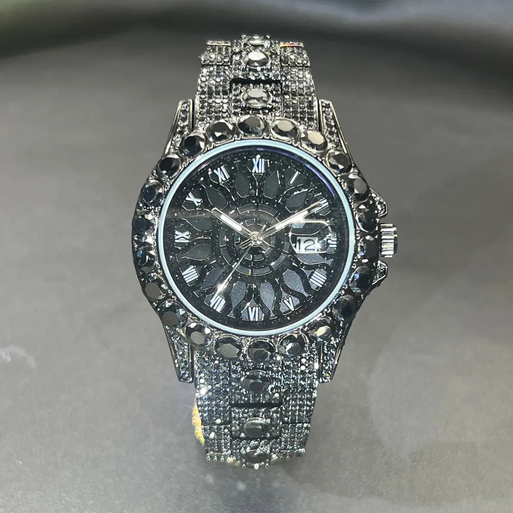 MISSFOX Fashion lced Out Silver Mens Watch Luxury Calendar Waterproof Watch For Man Hip Hop High Quality Big Diamond Wristwatch