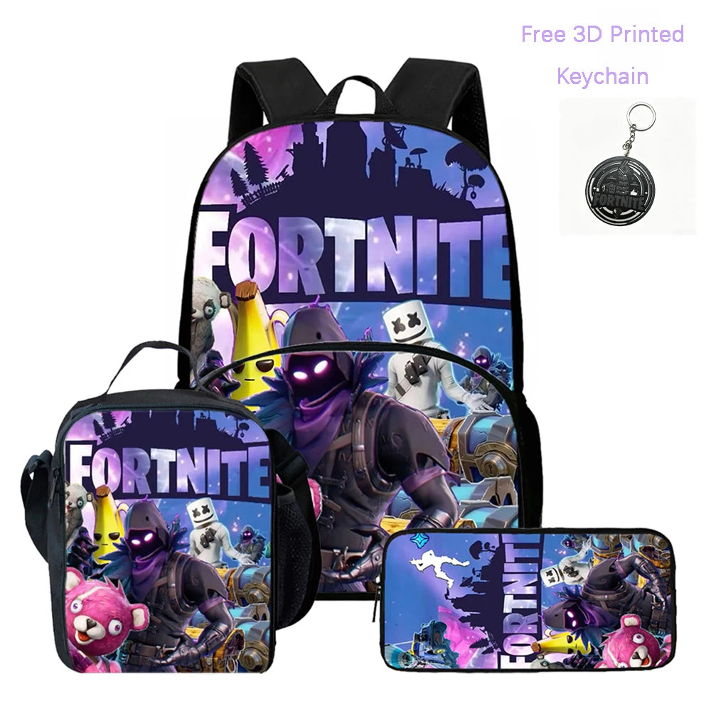 Lightweight FORTNITE 3Pcs Backpack With Front Pocket Lunch Bag Pencil Bag Free 3D Printed Keychain For Boys Girls Kids Aged 5-10