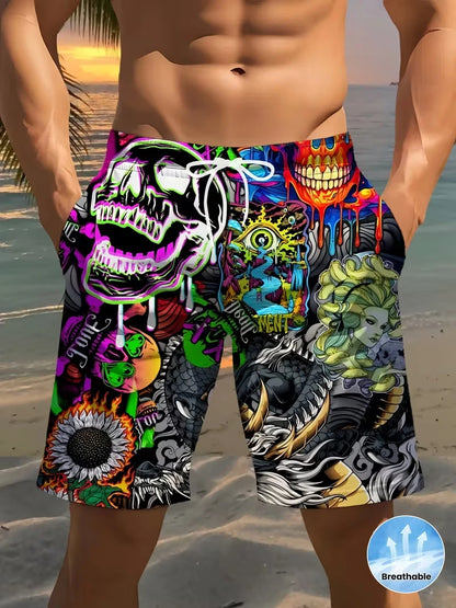 Pantalones cortos de playa para hombre con estampado de calaveras, pantalones cortos de surf con diseño gráfico 3D, para vacaciones, moda urbana, verano, estilo informal y psicodélico.