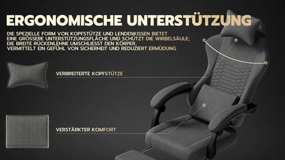 Dark Gray Fabric Gaming Chair, Massage Office Chair with Headrest, Ergonomic Racing Design, Adjustable Footrest, for PC Gamers