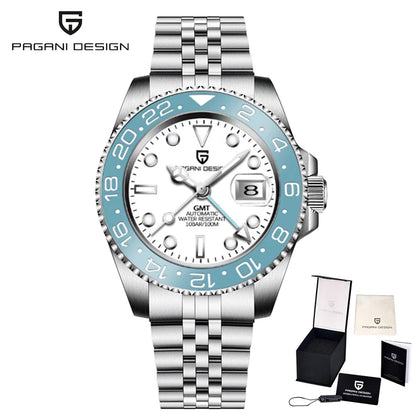 Relógio mecânico para homem Pagani Design GMT – Modelo de luxo com vidro de safira, caixa em aço inoxidável e luneta em cerâmica – Relógio automático para homem, estilo profissional