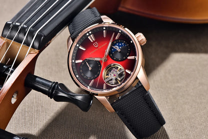 PAGANI DESIGN – Ceas mecanic de lux pentru bărbați, 41 mm, sticlă de safir, curea din piele, rezistent la apă, stil pilot, cu turbilion și fază lunară