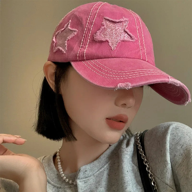Retro Hole Baseball Cap for Women in Spring and Summer, Featuring a Small Face and a Pink Duckbill Cap with a Wide Brim