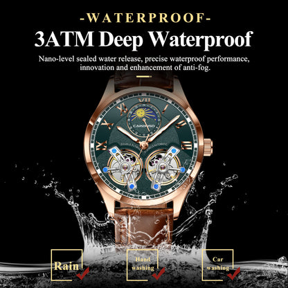 CAREKISO Fashion Men Clock Double Hollow Tourbillon Automatic Mechanical Man Watch Waterproof Luminous Leather Men's Watches+Box