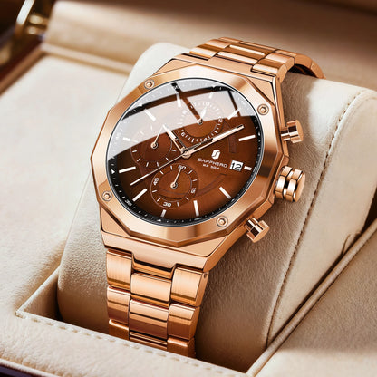 SAPPHERO Roségouden herenhorloge, modieus luxe horloge, roestvrijstalen horloge, waterdicht tot 50 m, herenhorloge, nieuwjaarscadeaus