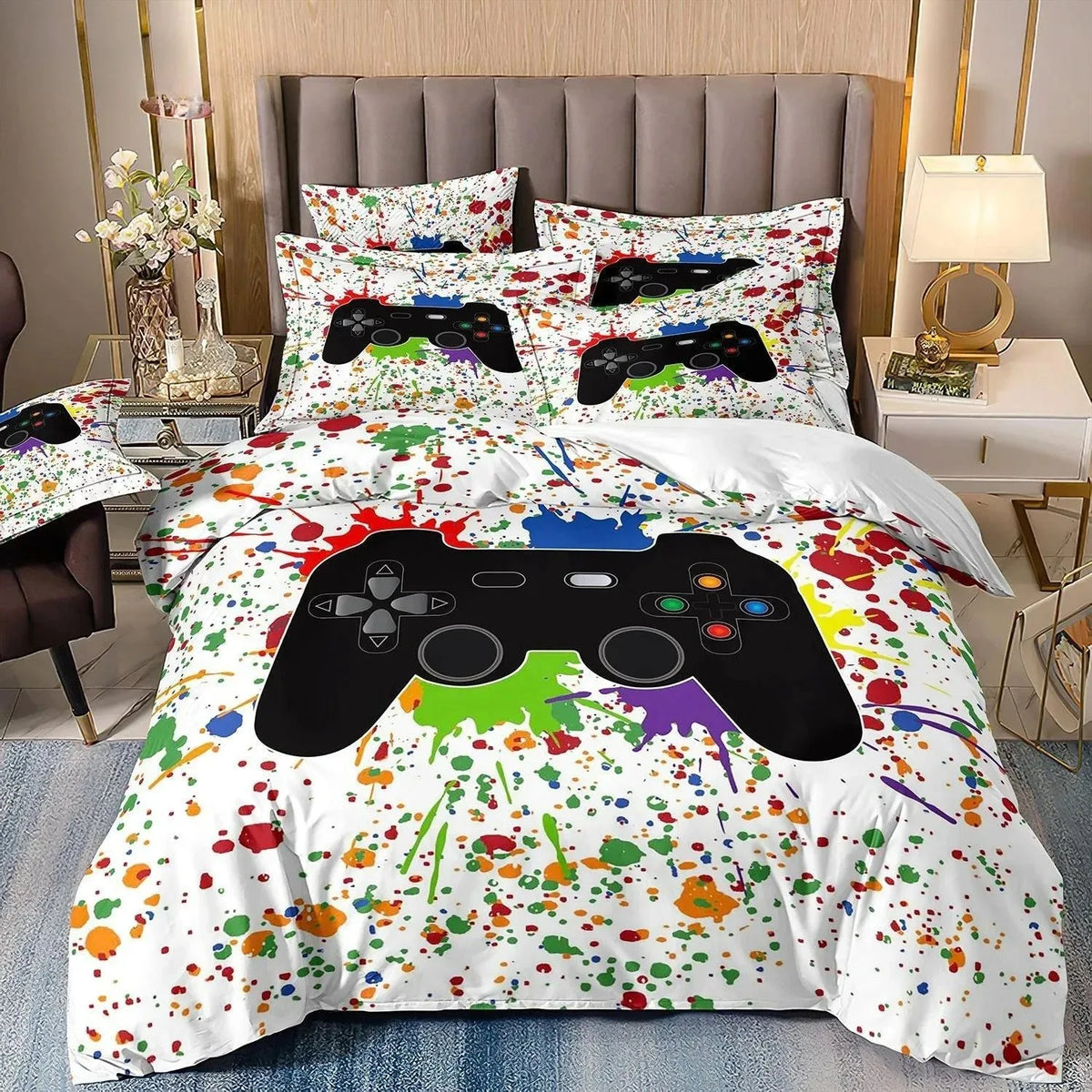 Juegos de cama para niños aficionados a los videojuegos: juego de funda nórdica «Queen» con motivos de videojuegos, juego de cama con diseños de PlayStation para chicos adolescentes
