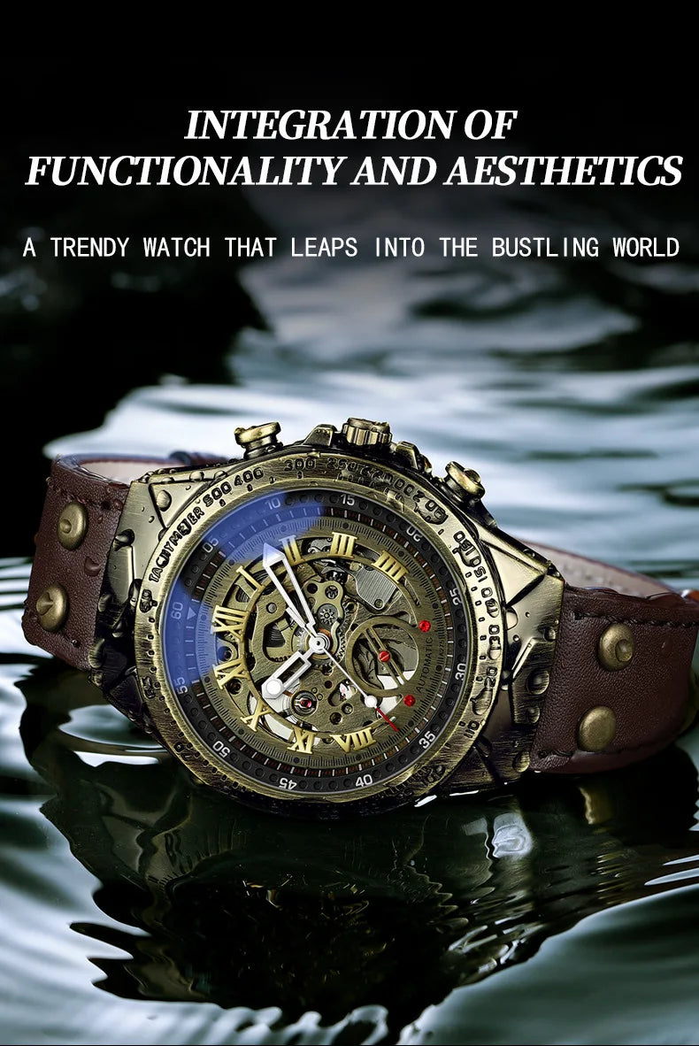 UTHAI Retro Men Watch Business Waterproof Bronze Automatic Mechanical Machine Watch Leather Strap Male Fashion Clock Wristwatch