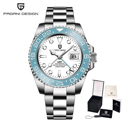 Relógio mecânico para homem Pagani Design GMT – Modelo de luxo com vidro de safira, caixa em aço inoxidável e luneta em cerâmica – Relógio automático para homem, estilo profissional