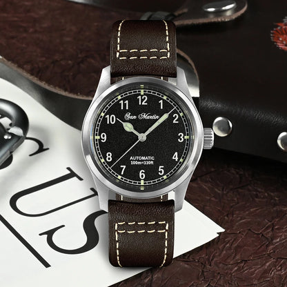 San Martin Simple Men's Watch 37mm Pilot Miyota 8215 Classic Military Explore Automatic Mechanical Watches Waterproof 100m